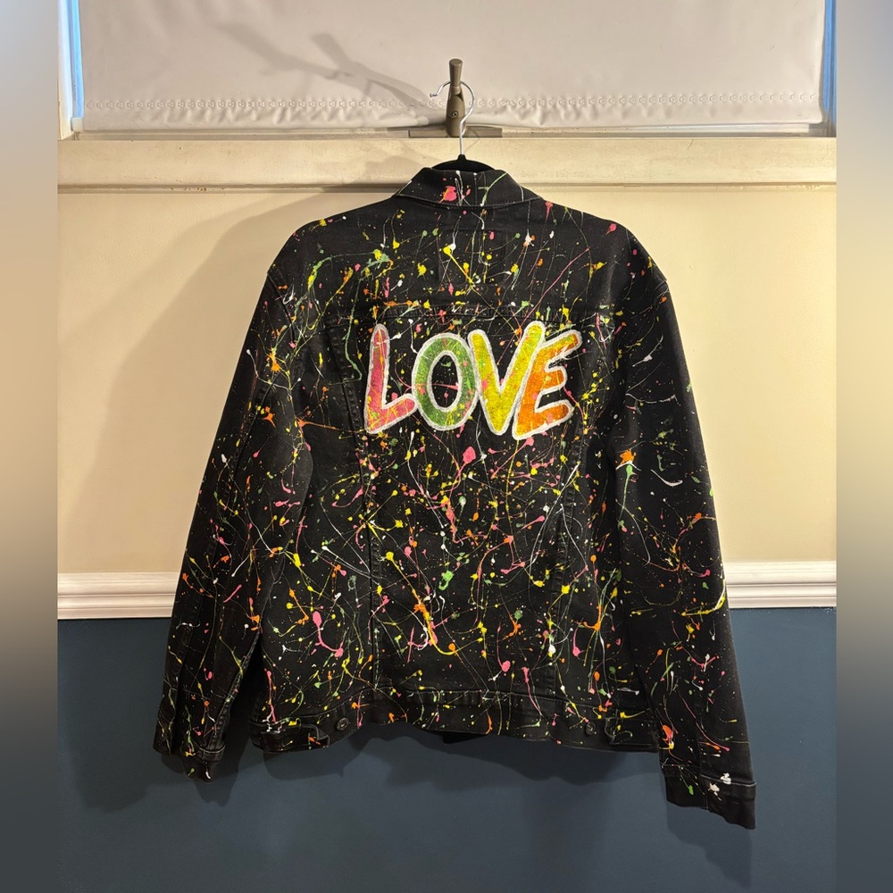 Custom Levi's Black Denim Jacket with Colorful Paint Splatter, Women’s Size XL